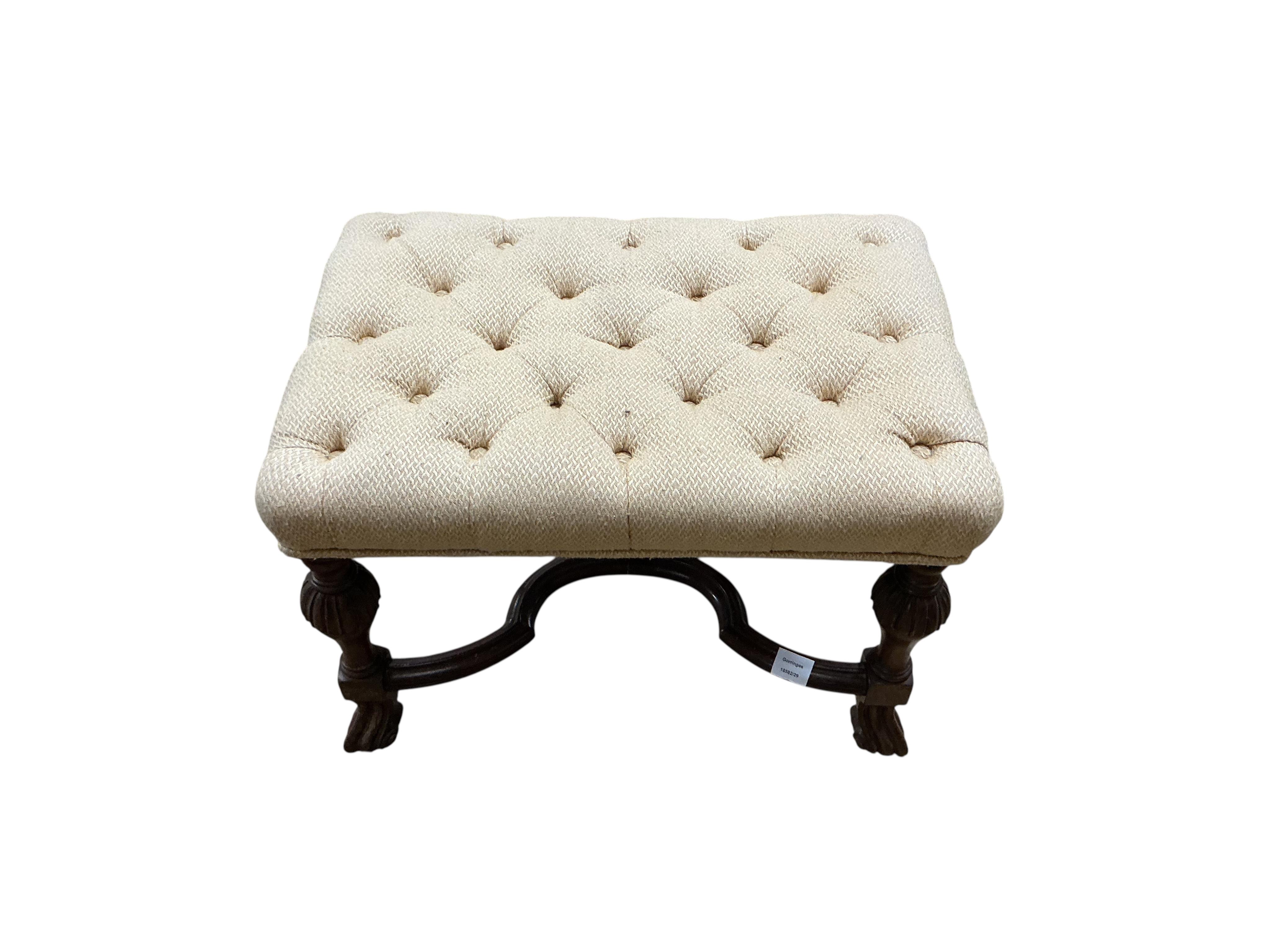 A William and Mary style walnut dressing stool, with a buttoned upholstered seat, width 63cm, depth 43cm, height 45cm